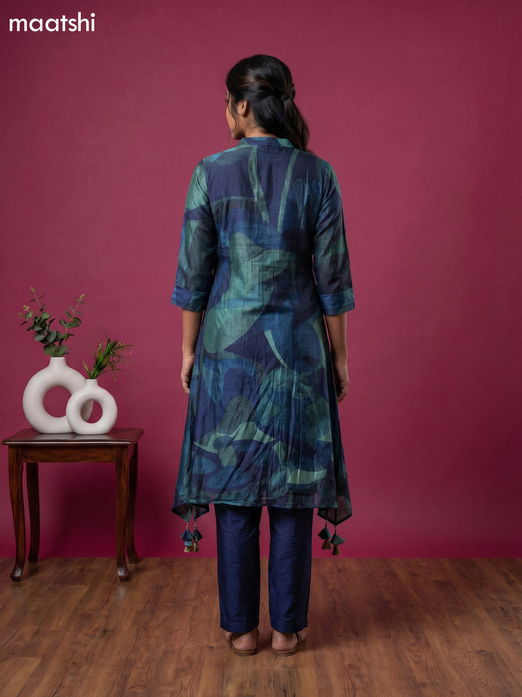 Peacock Blue Art Tussar Printed Fish Cut Kurti Set