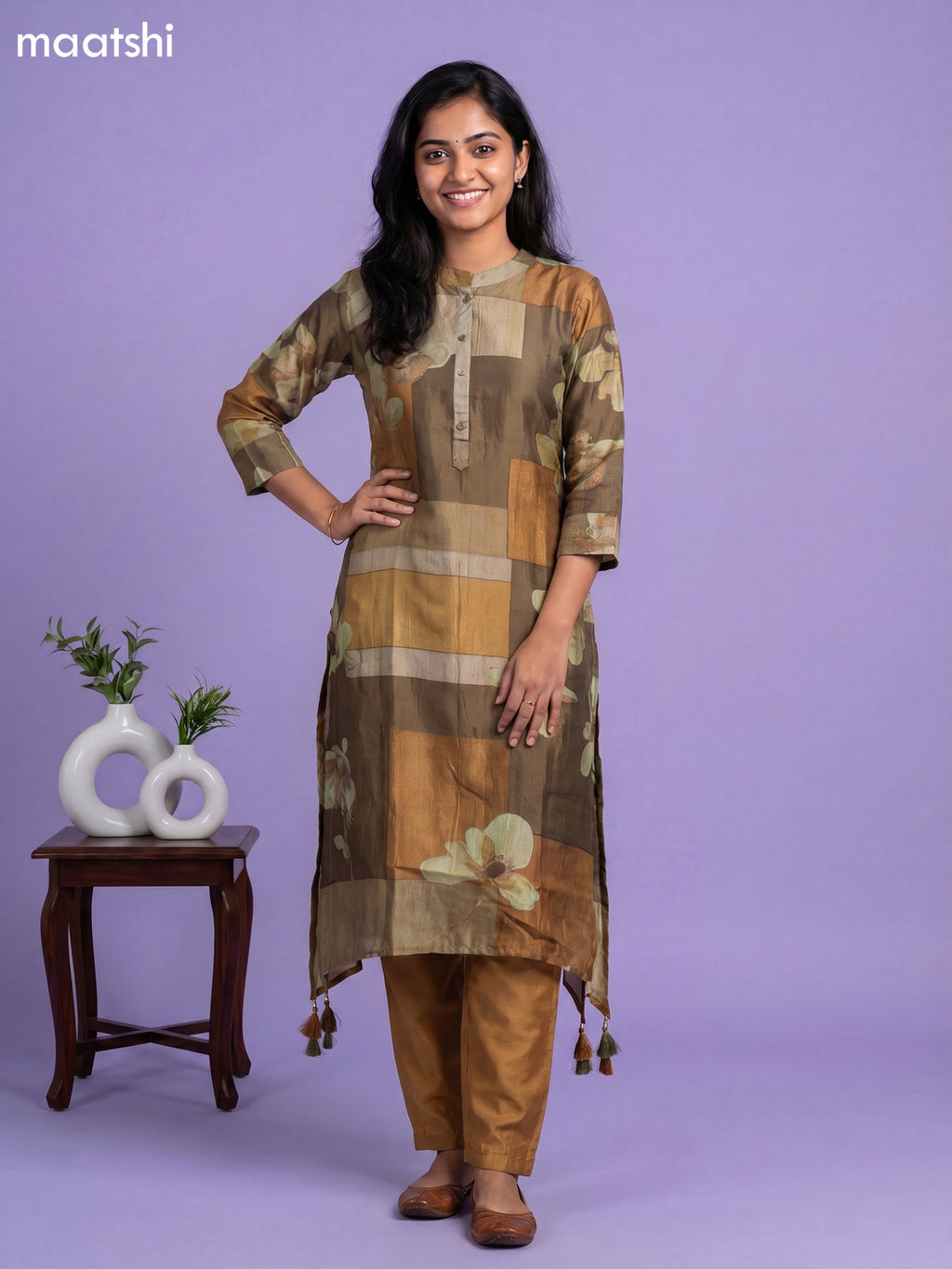 Dark Brown and Brown Art Tussar Printed Fish Cut Kurti Set