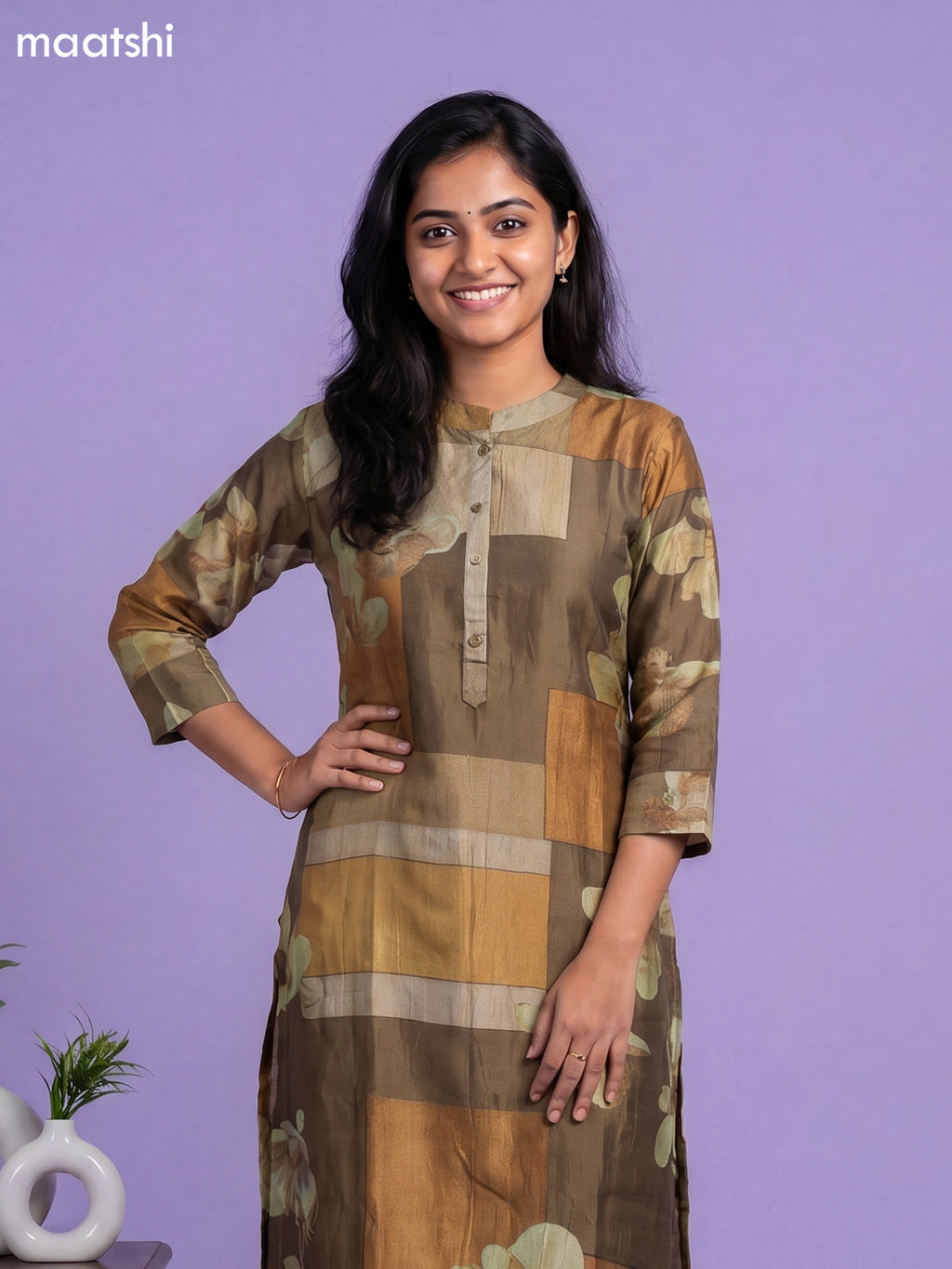 Dark Brown and Brown Art Tussar Printed Fish Cut Kurti Set