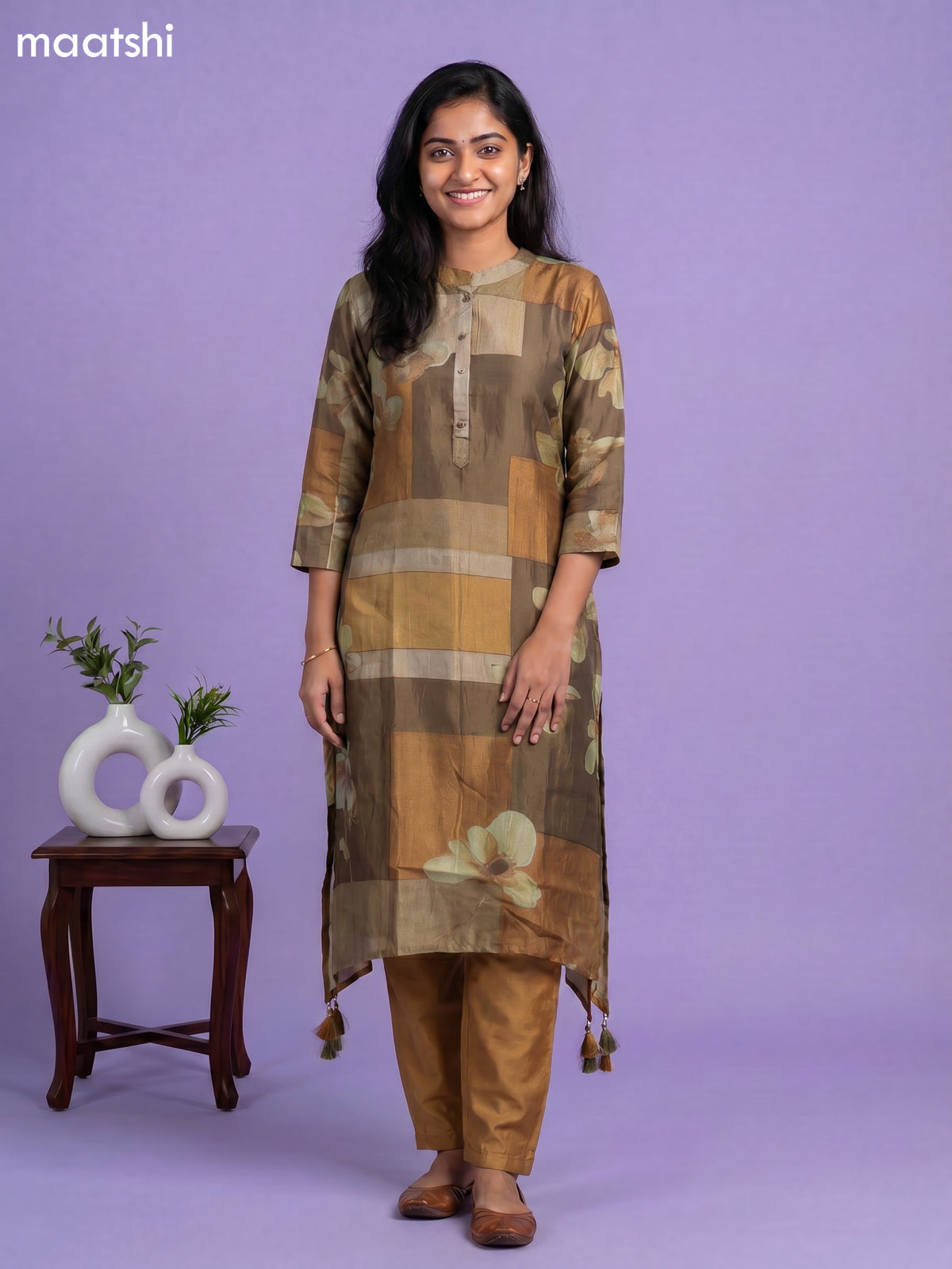 Dark Brown and Brown Art Tussar Printed Fish Cut Kurti Set
