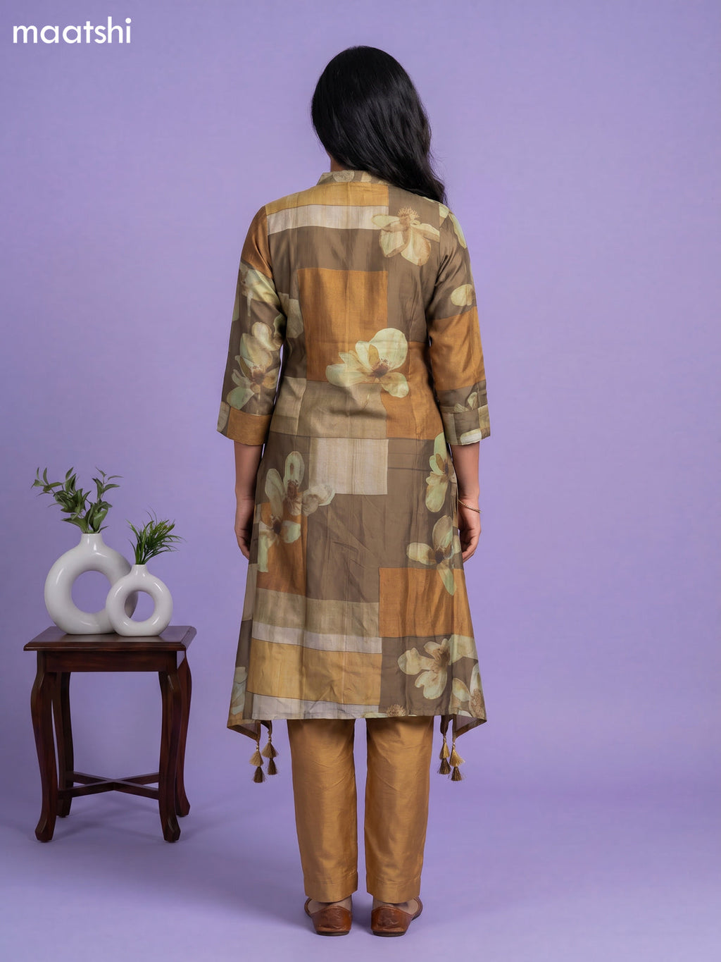 Dark Brown and Brown Art Tussar Printed Fish Cut Kurti Set