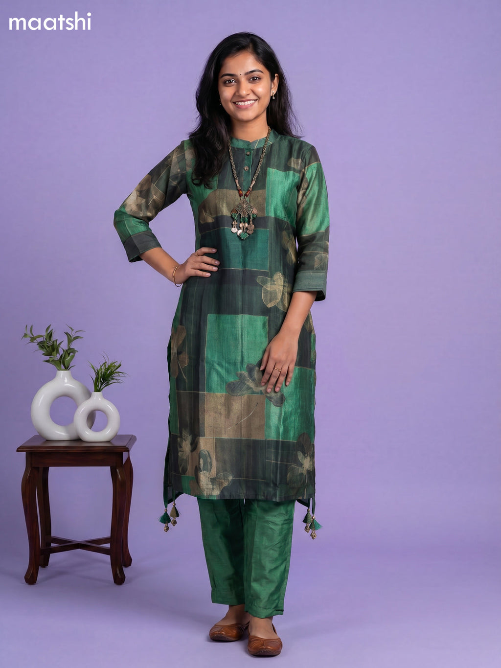 Green Art Tussar Printed Fish Cut Kurti Set