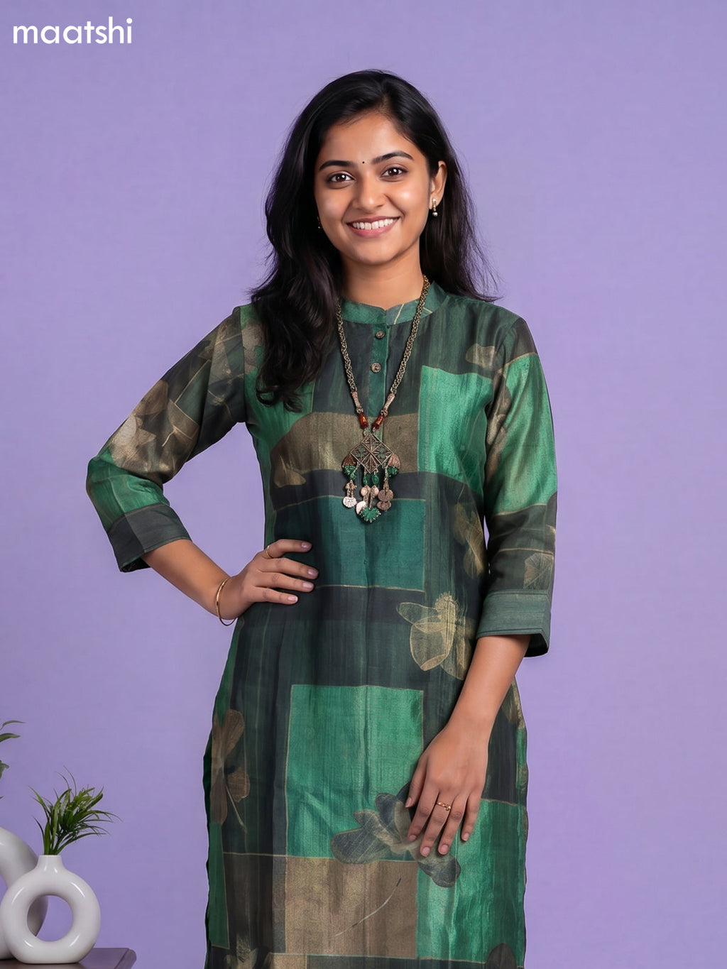 Green Art Tussar Printed Fish Cut Kurti Set