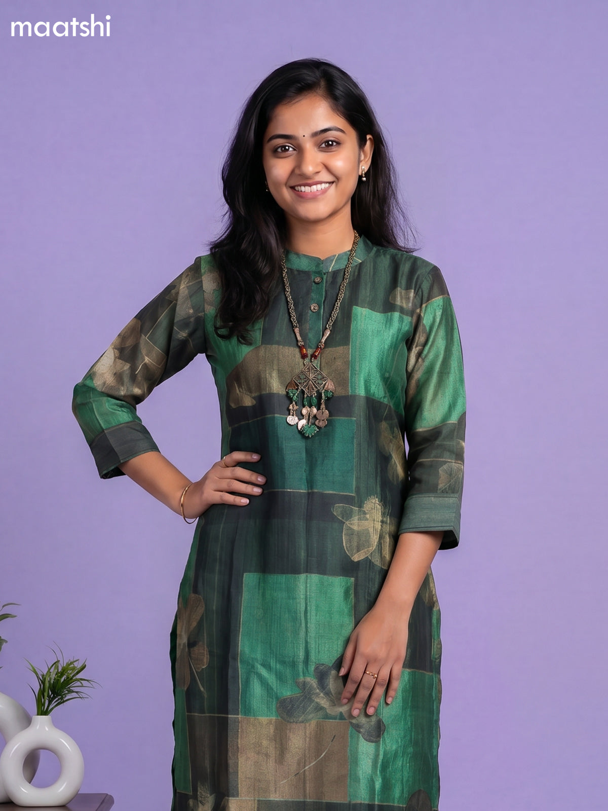 Green Art Tussar Printed Fish Cut Kurti Set