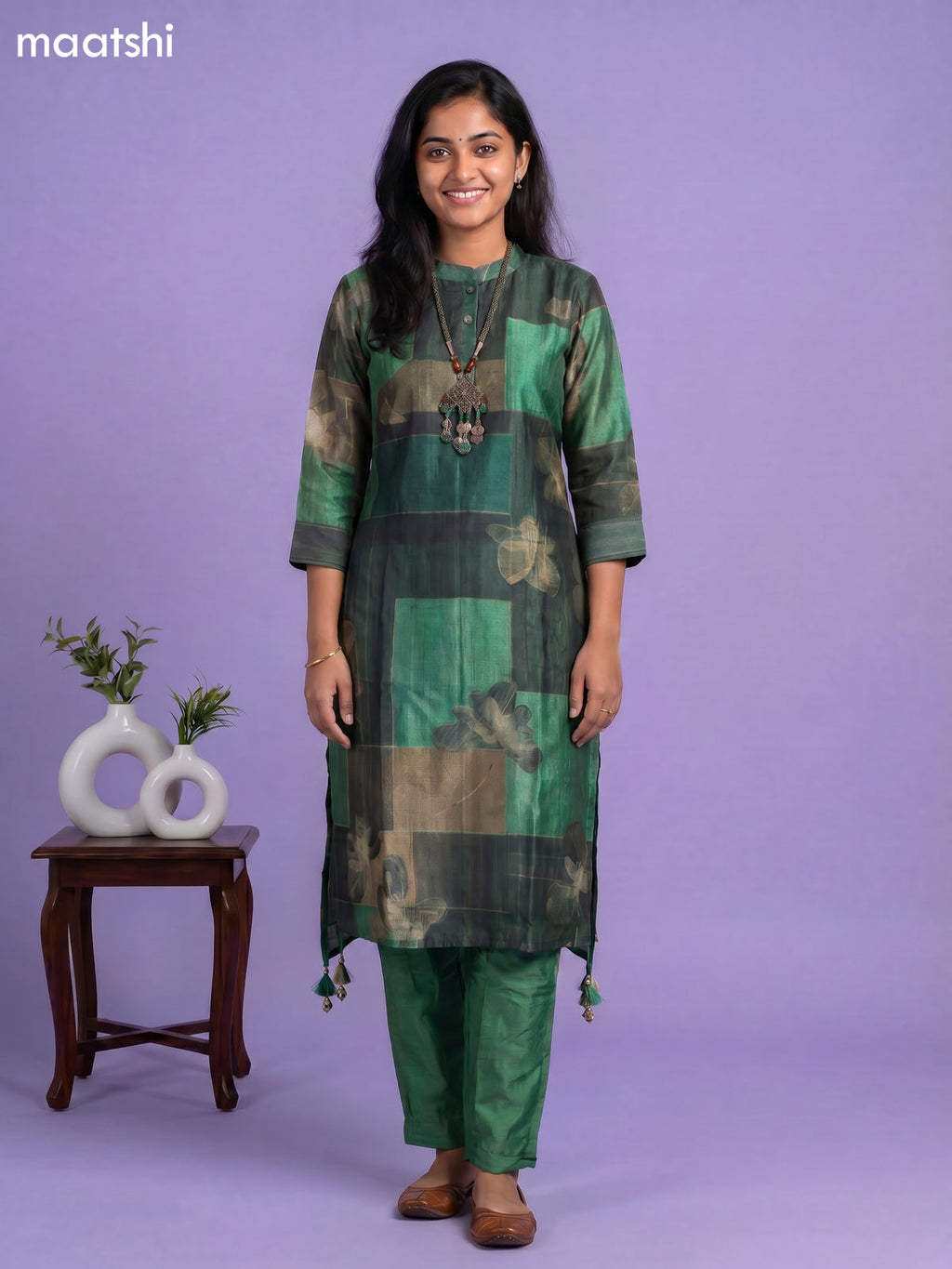 Green Art Tussar Printed Fish Cut Kurti Set