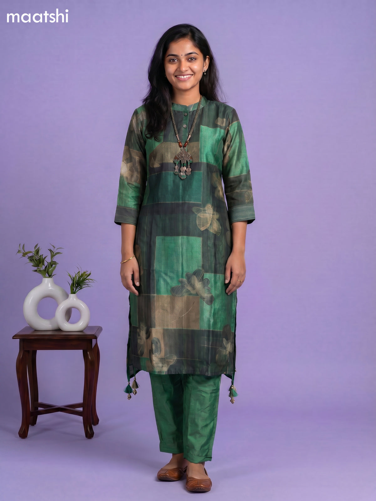 Green Art Tussar Printed Fish Cut Kurti Set