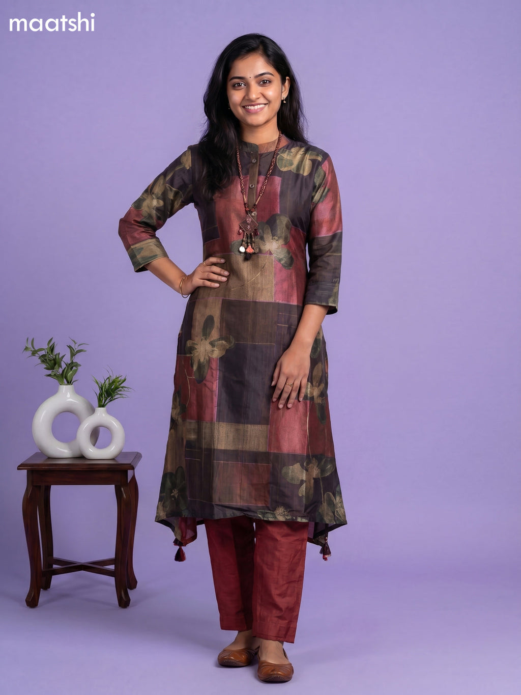Mehendi Green and Dark Mustard Art Tussar Printed Fish Cut Kurti Set
