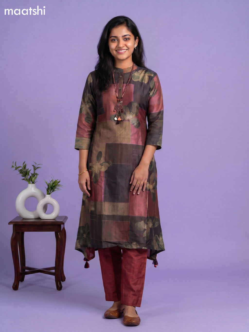 Mehendi Green and Dark Mustard Art Tussar Printed Fish Cut Kurti Set