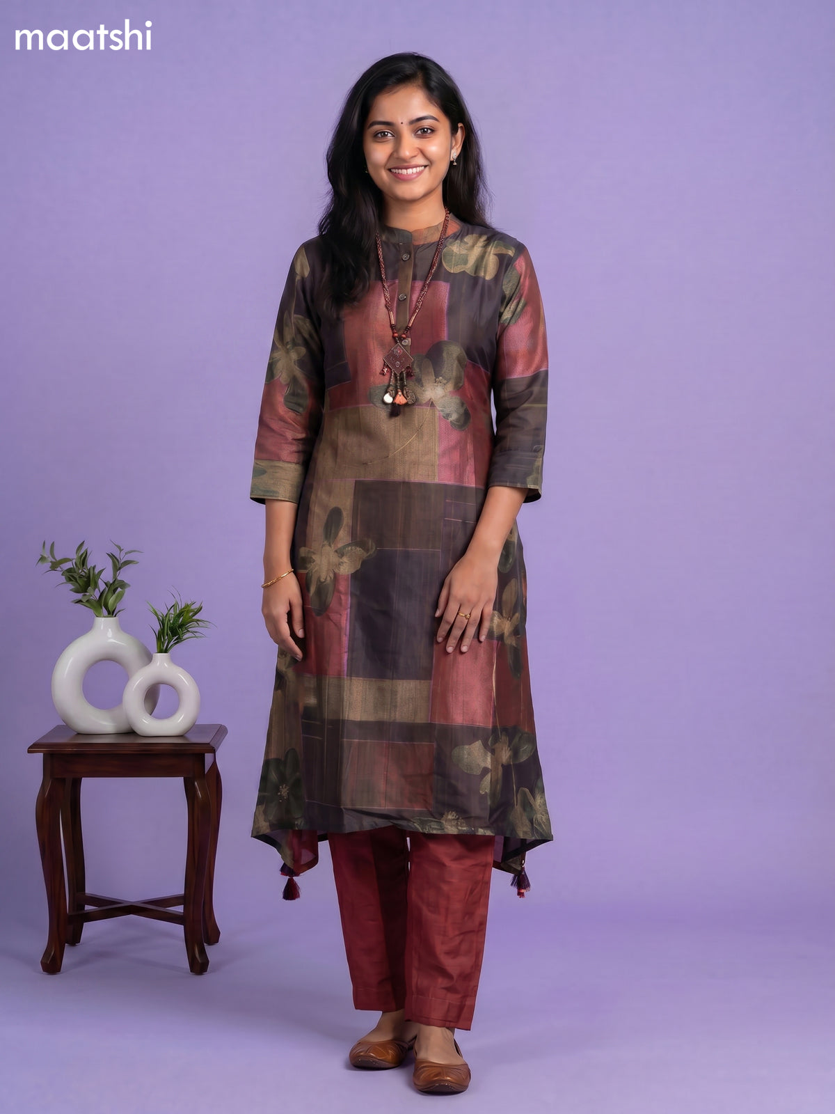 Mehendi Green and Dark Mustard Art Tussar Printed Fish Cut Kurti Set
