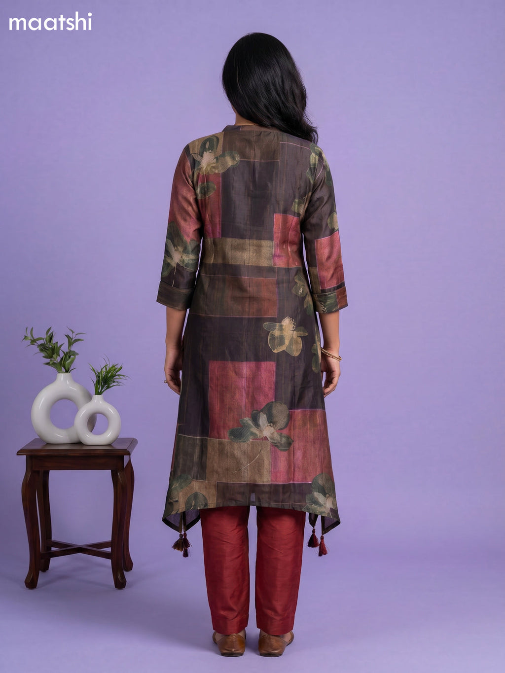 Mehendi Green and Dark Mustard Art Tussar Printed Fish Cut Kurti Set