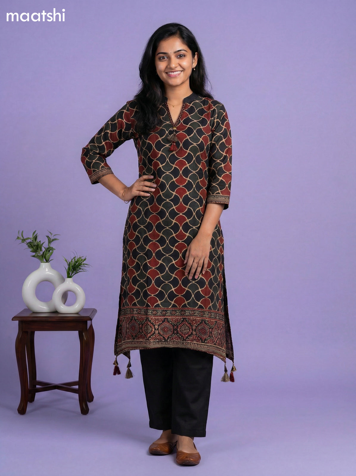Black and Maroon Art Tussar Printed Fish Cut Kurti Set