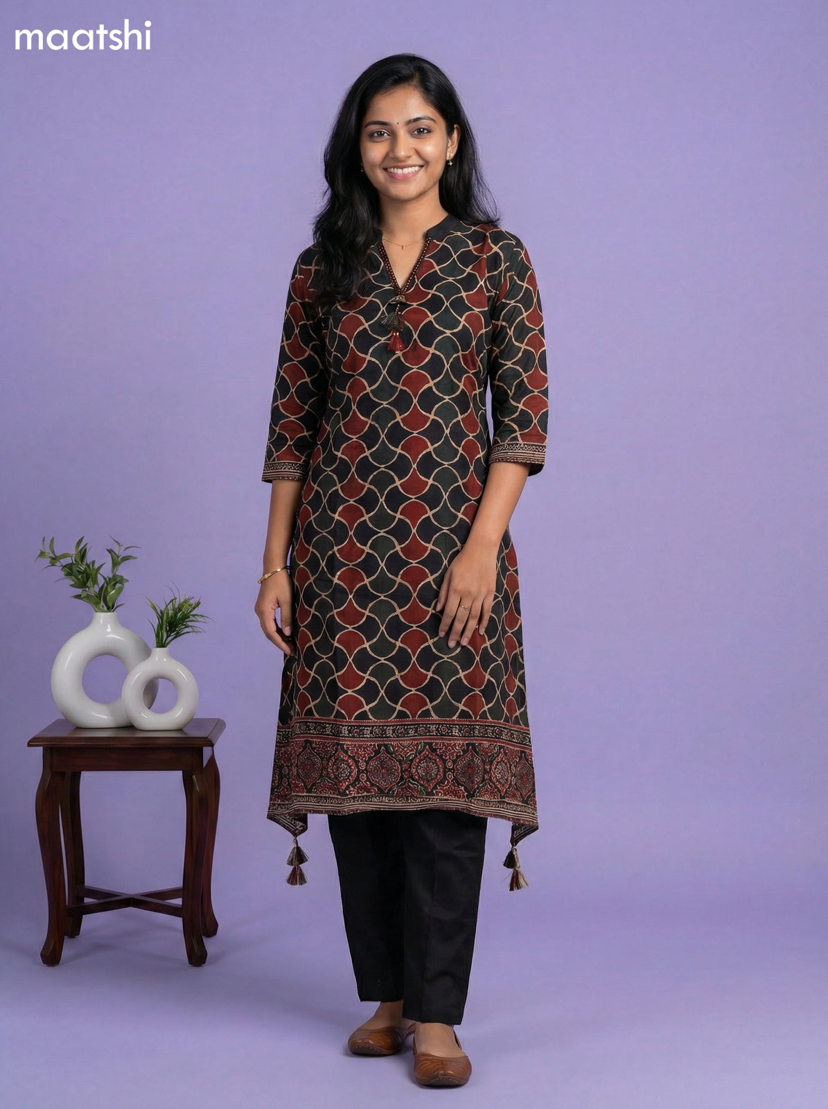 Black and Maroon Art Tussar Printed Fish Cut Kurti Set