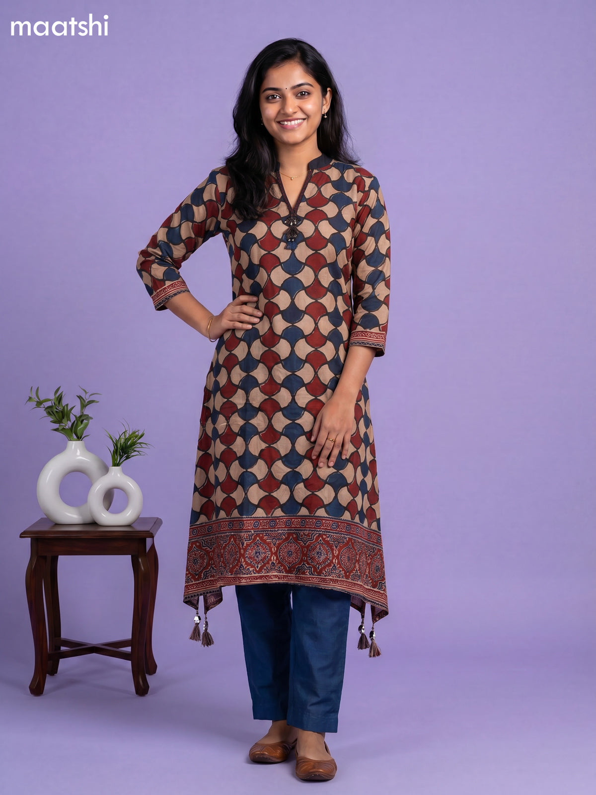 Beige Maroon and Peacock Blue Art Tussar Printed Fish Cut Kurti Set