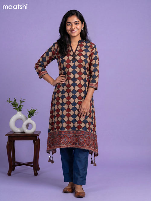 Beige Maroon and Peacock Blue Art Tussar Printed Fish Cut Kurti Set