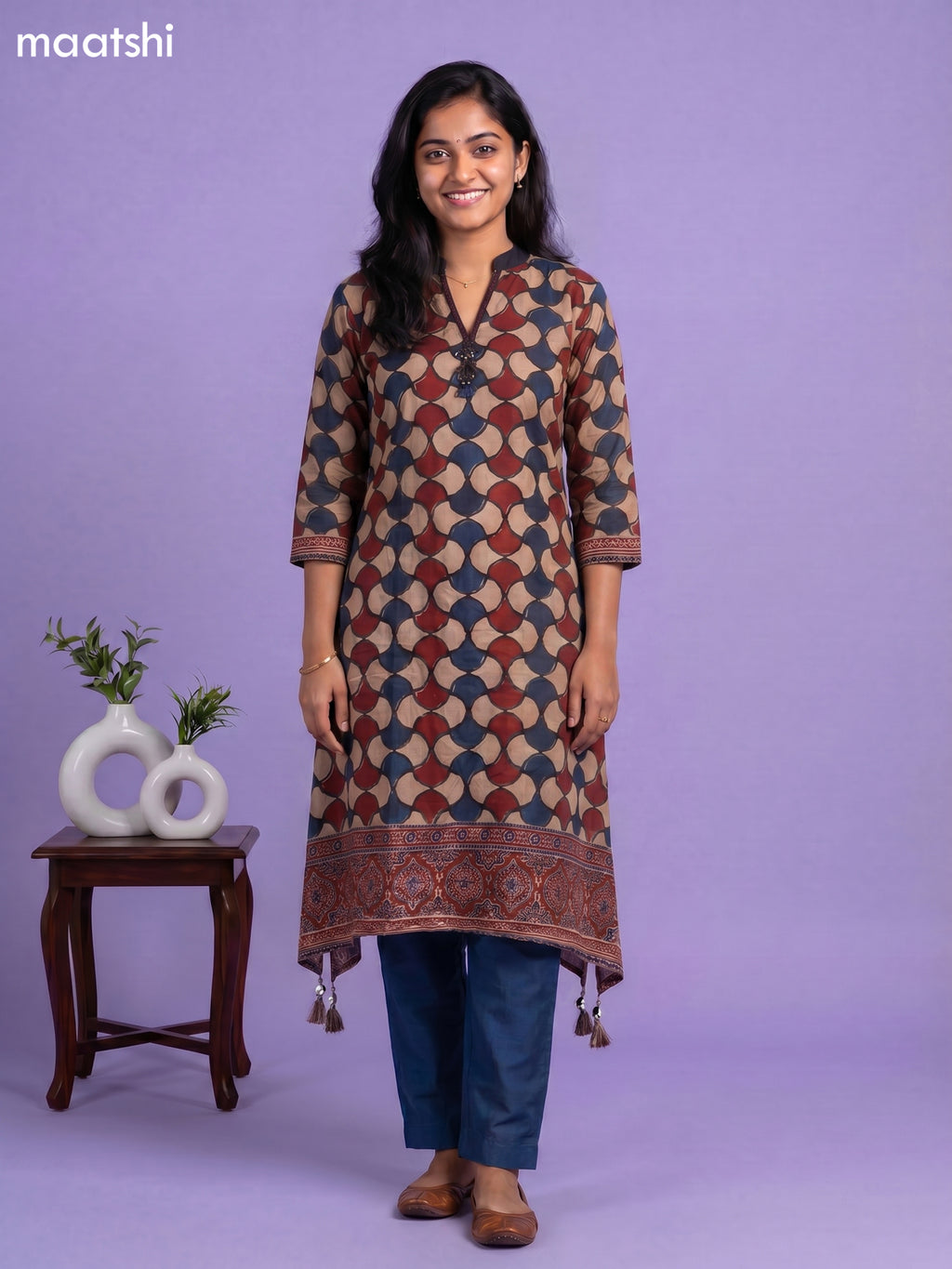 Beige Maroon and Peacock Blue Art Tussar Printed Fish Cut Kurti Set