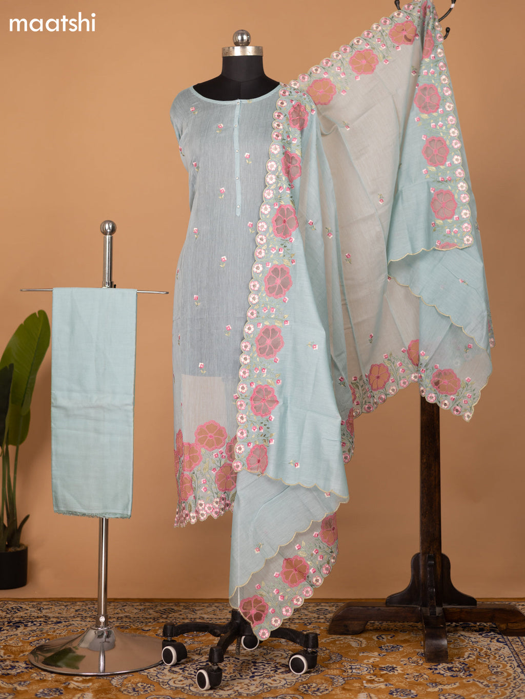 Pastel Blue Semi Stitch Mul Chanderi Dress Material With Floral Embroidery Work Pattern