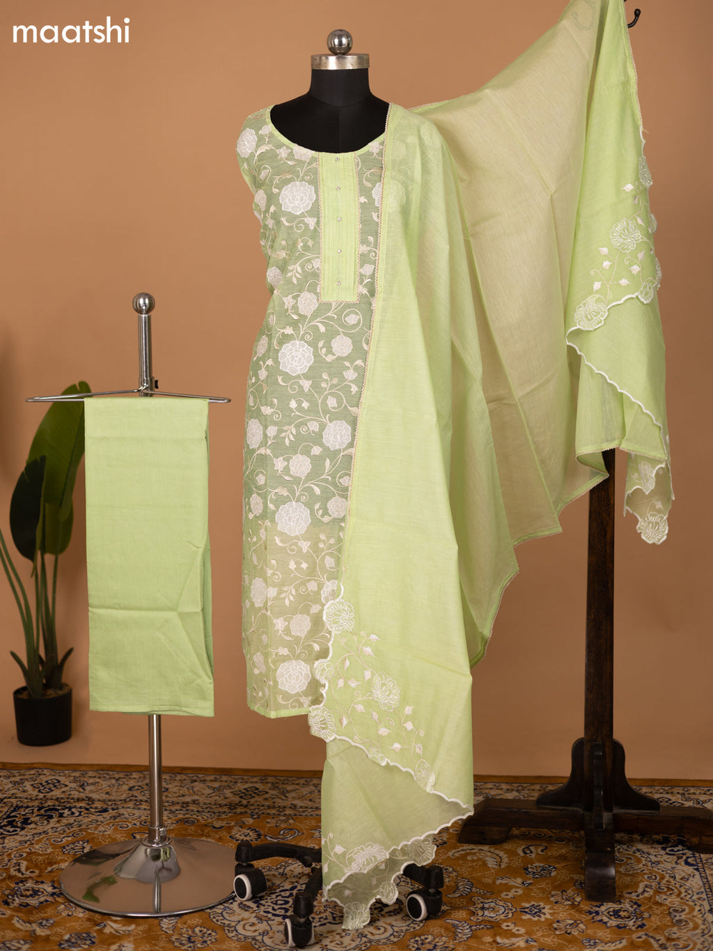 Mild Pista Green Semi Stitch Mul Chanderi Dress Material With Floral Embroidery Work Pattern