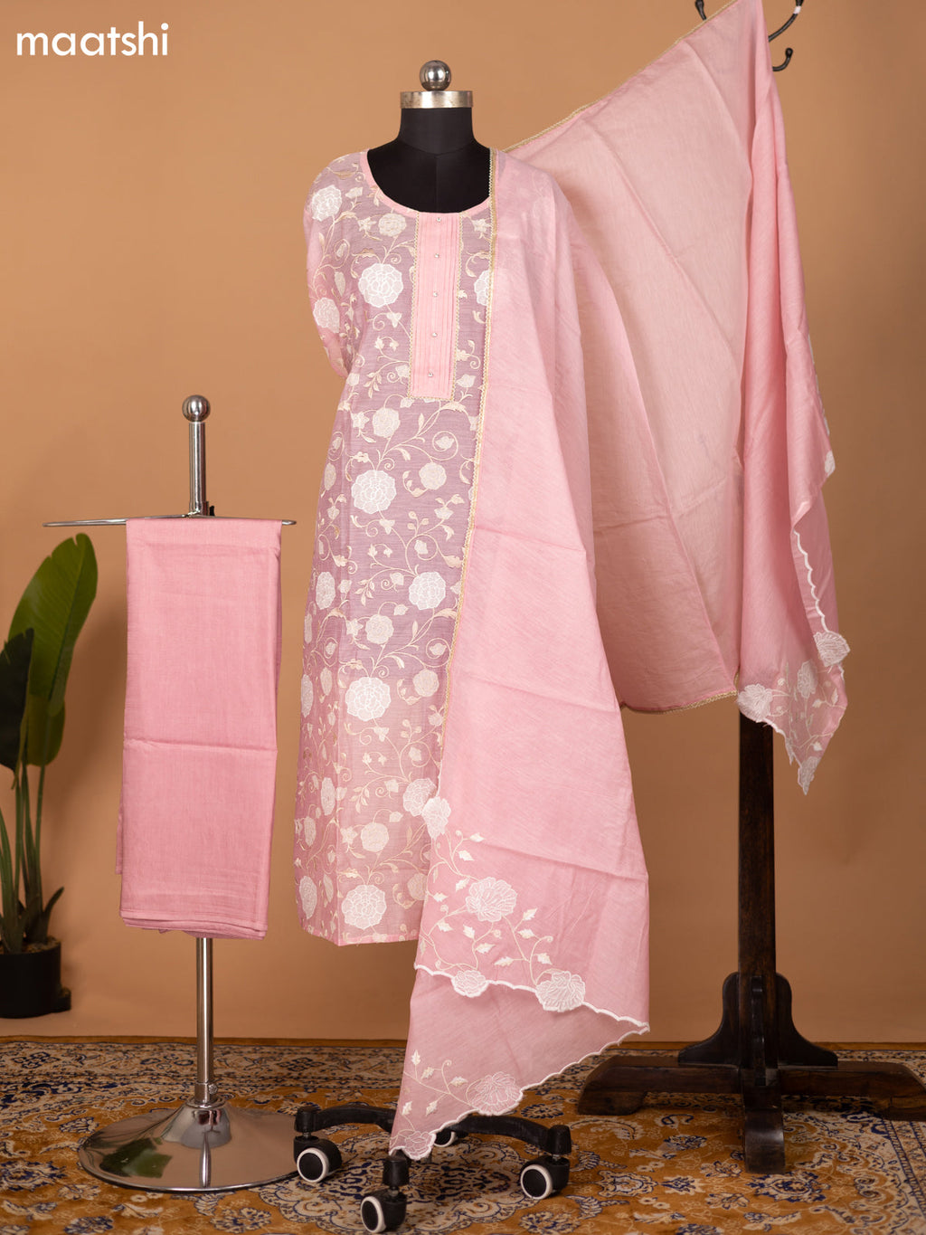 Baby Pink Semi Stitch Mul Chanderi Dress Material With Floral Embroidery Work Pattern