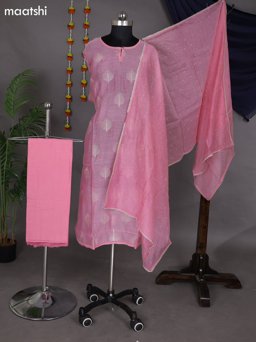 Peach Pink Semi Stitch Mul Chanderi Dress Material With Embroidery Work Pattern