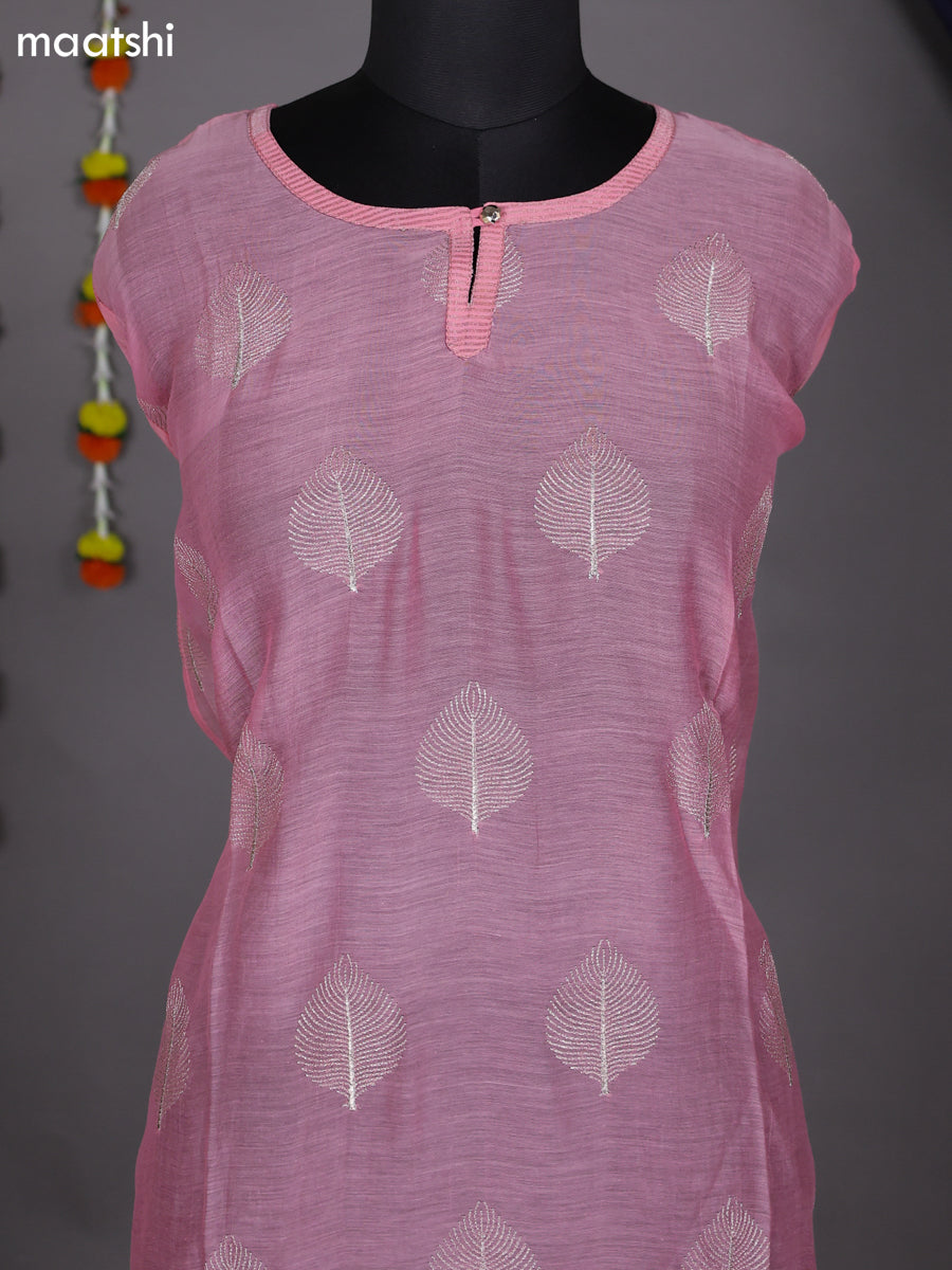 Peach Pink Semi Stitch Mul Chanderi Dress Material With Embroidery Work Pattern