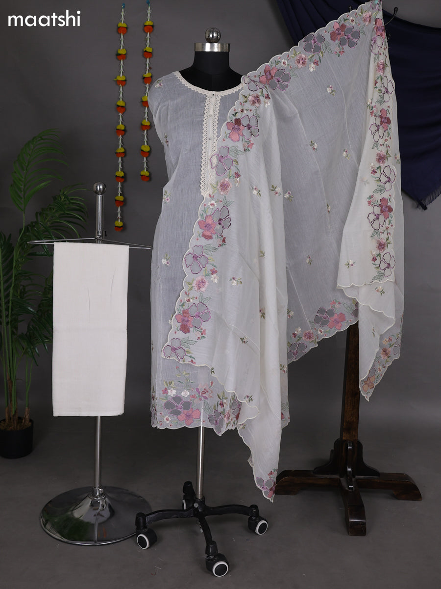 Off White Semi Stitch Mul Chanderi Dress Material With Floral Embroidery Work Butta Pattern
