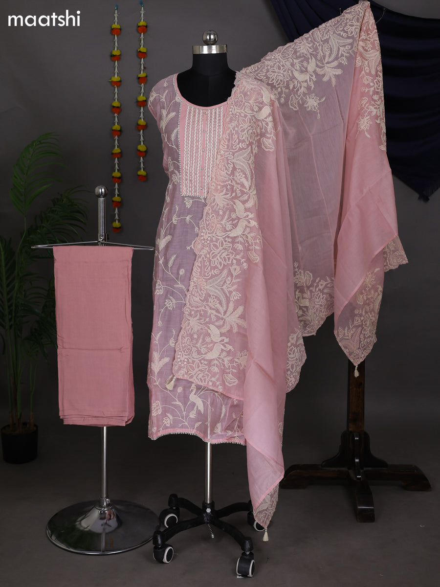 Baby Pink Semi Stitch Mul Chanderi Dress Material With Floral Embroidery Work Pattern