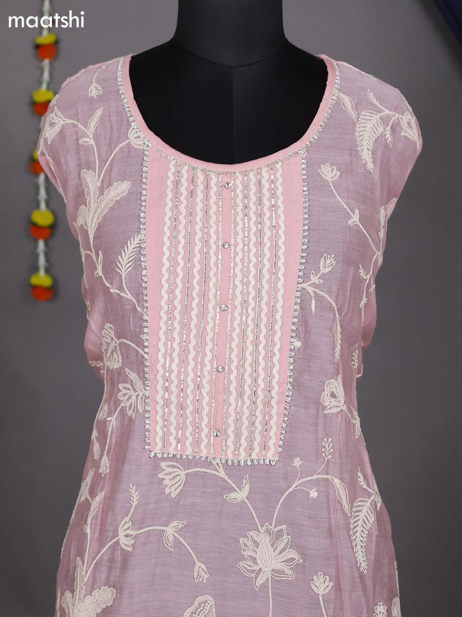 Baby Pink Semi Stitch Mul Chanderi Dress Material With Floral Embroidery Work Pattern