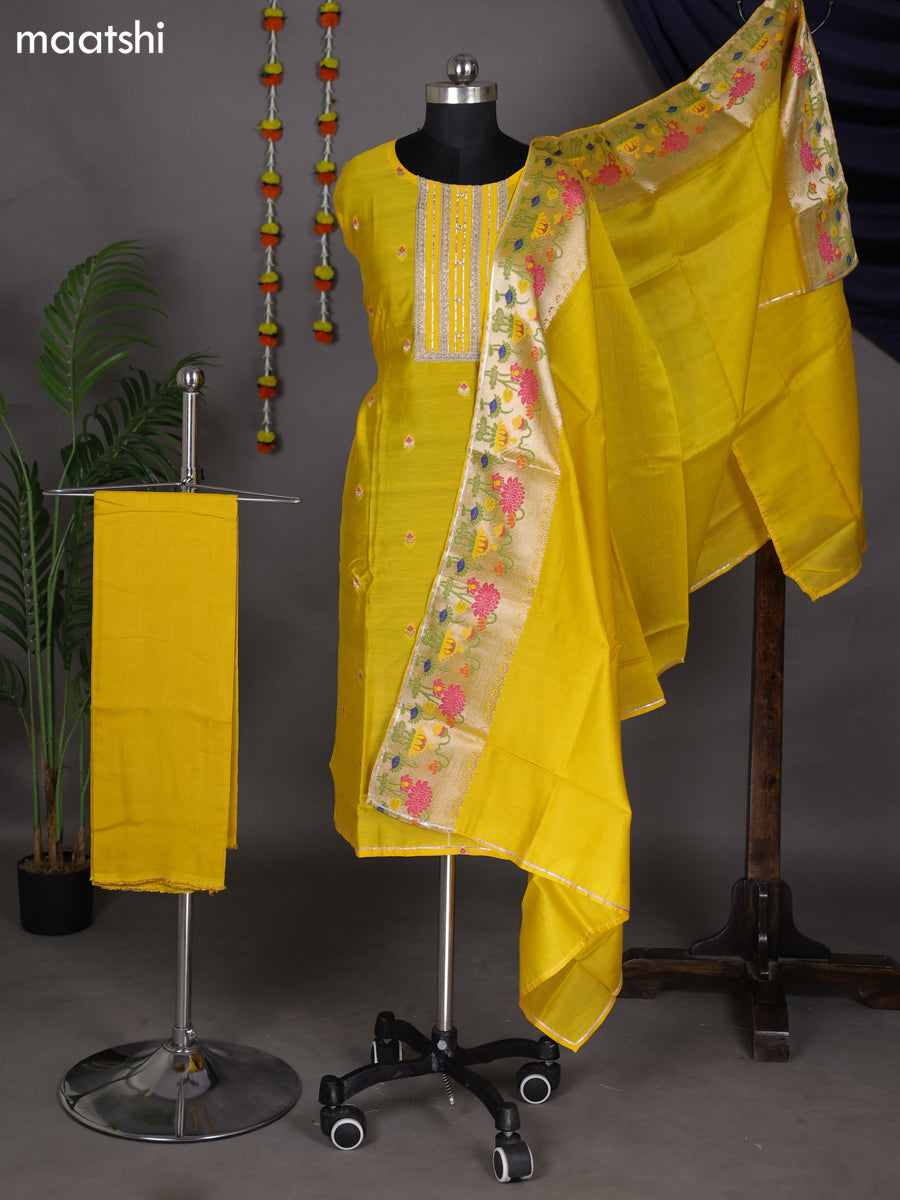 Yellow Semi Stitch Mul Chanderi Dress Material With Embroidery Work Pattern