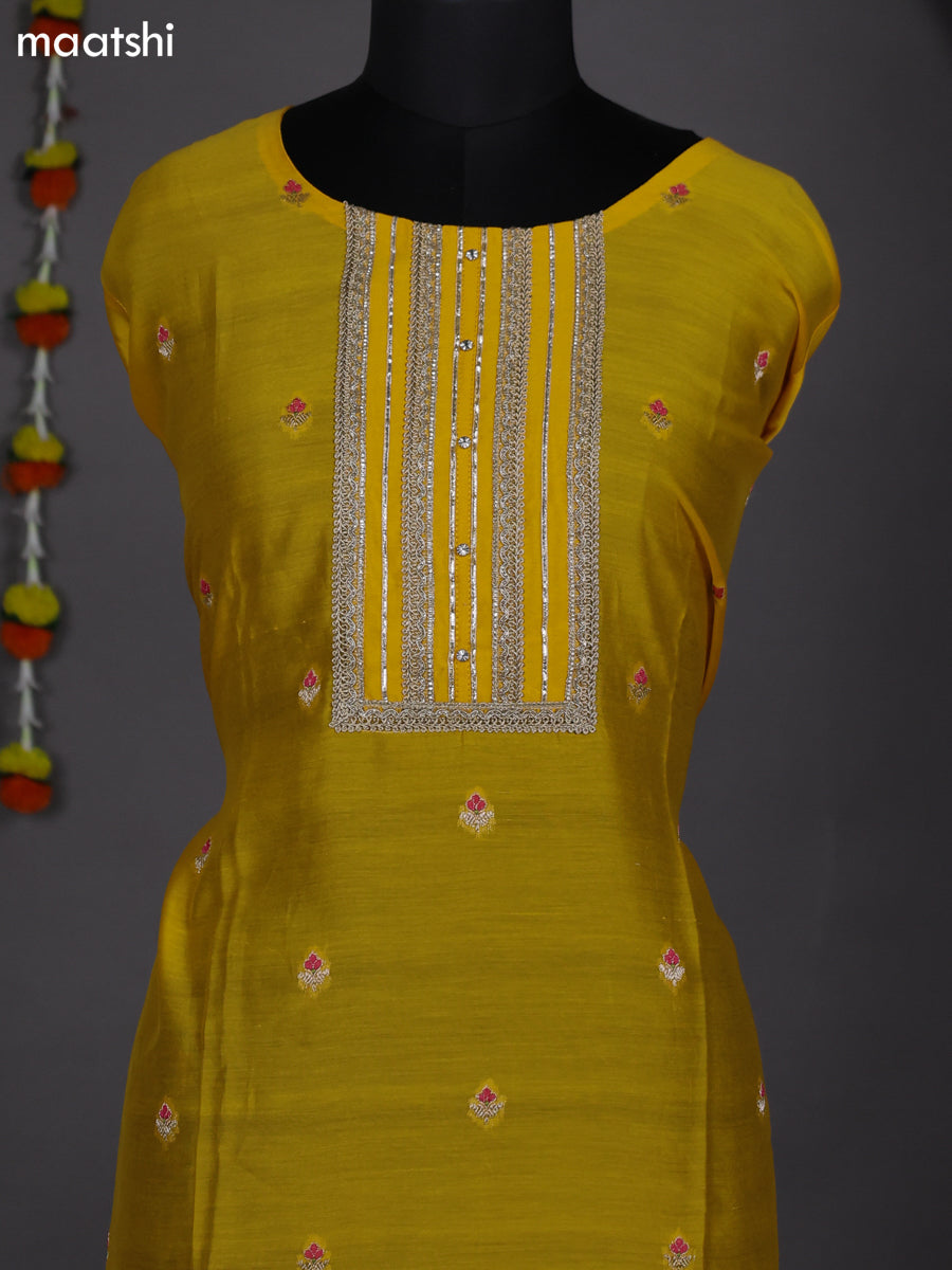 Yellow Semi Stitch Mul Chanderi Dress Material With Embroidery Work Pattern
