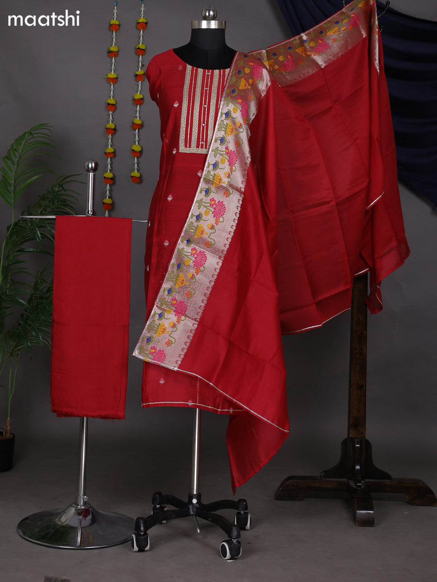 Red Semi Stitch Mul Chanderi Dress Material With Embroidery Work Pattern