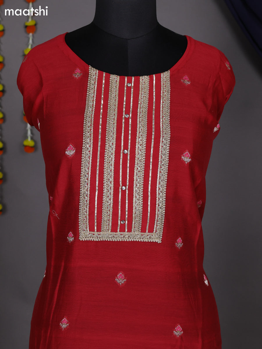 Red Semi Stitch Mul Chanderi Dress Material With Embroidery Work Pattern