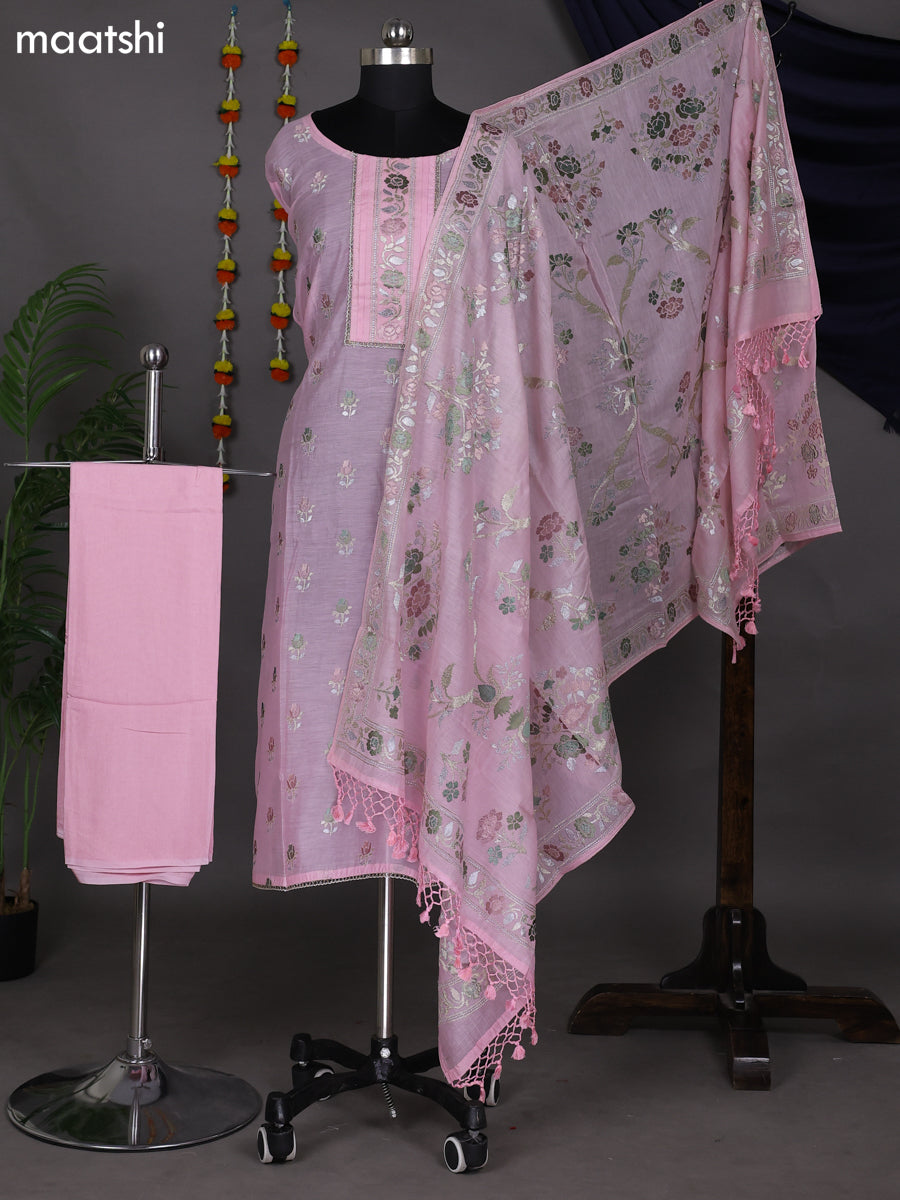 Baby Pink Semi Stitch Mul Chanderi Dress Material With Embroidery Work Pattern