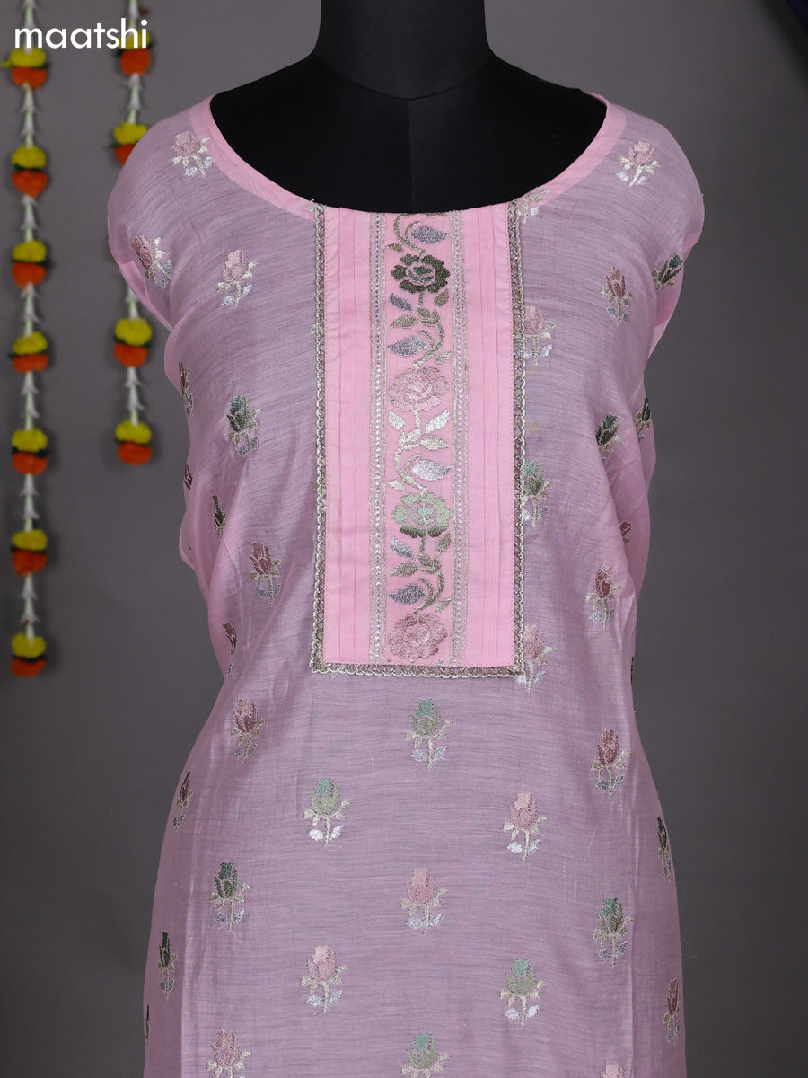 Baby Pink Semi Stitch Mul Chanderi Dress Material With Embroidery Work Pattern