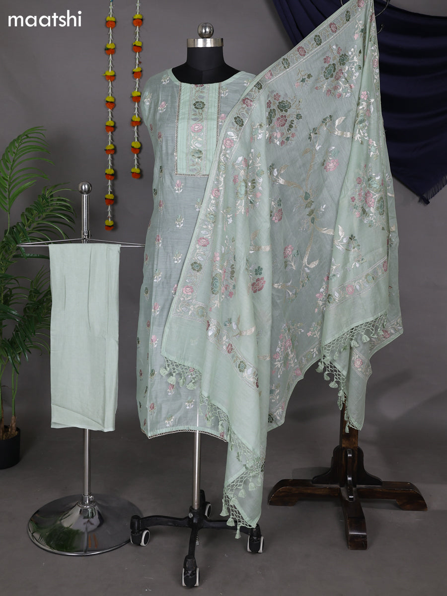 Pastel Green Semi Stitch Mul Chanderi Dress Material With Floral Embroidery Work Pattern