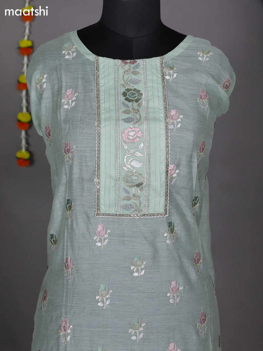 Pastel Green Semi Stitch Mul Chanderi Dress Material With Floral Embroidery Work Pattern