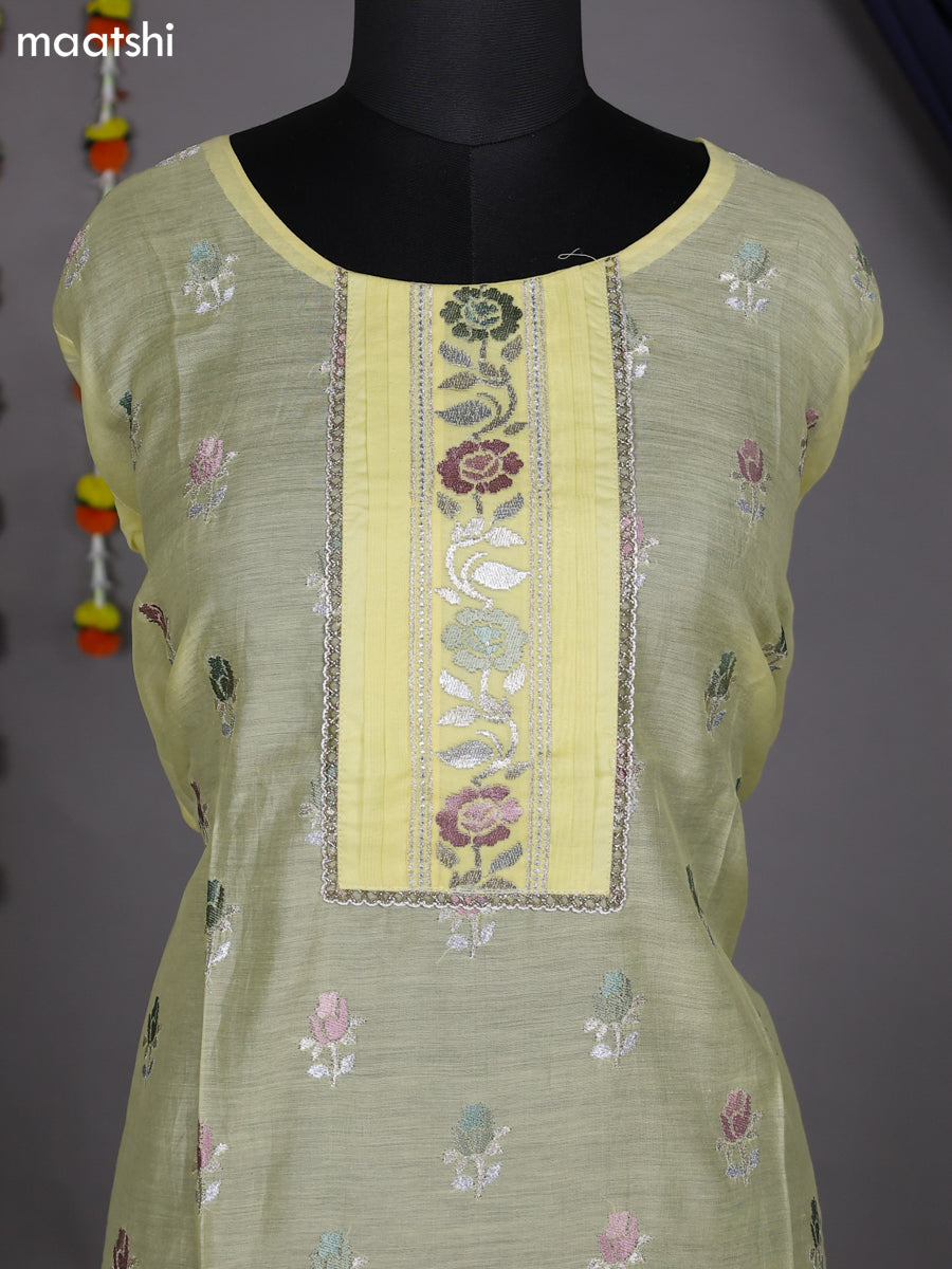 Pale Yellow Semi Stitch Mul Chanderi Dress Material With Embroidery Work Pattern