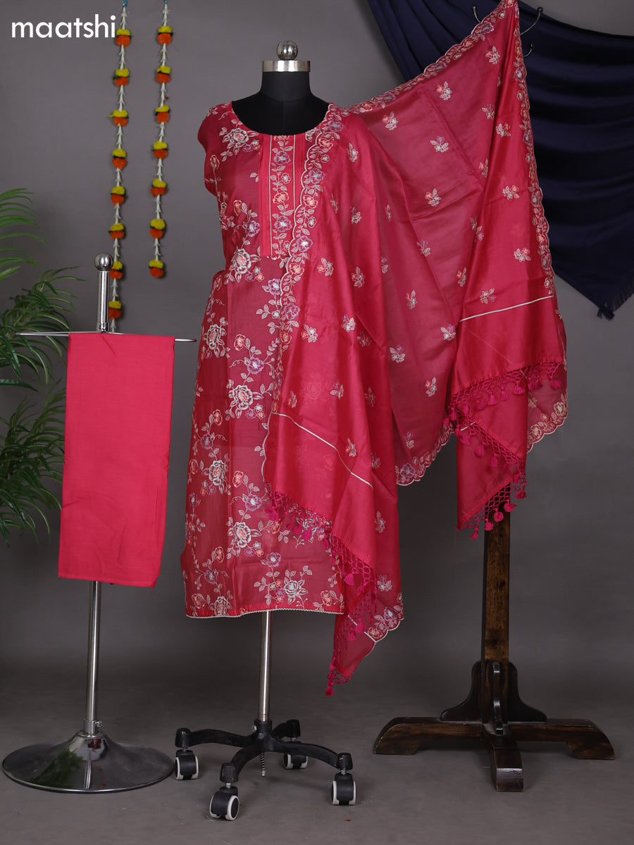 Pink Semi Stitch Mul Chanderi Dress Material With Floral Embroidery Work Pattern