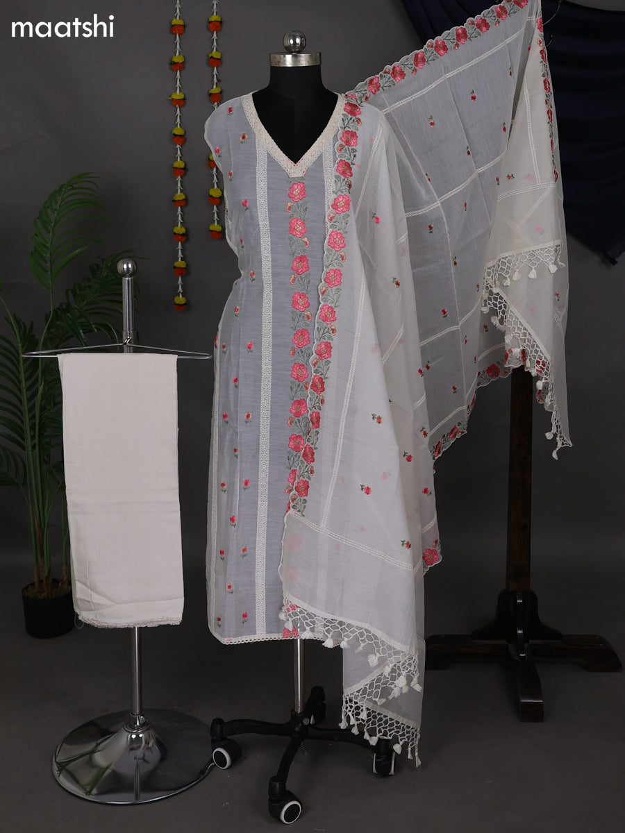 Off White Semi Stitch Mul Chanderi Dress Material With Embroidery Work Pattern