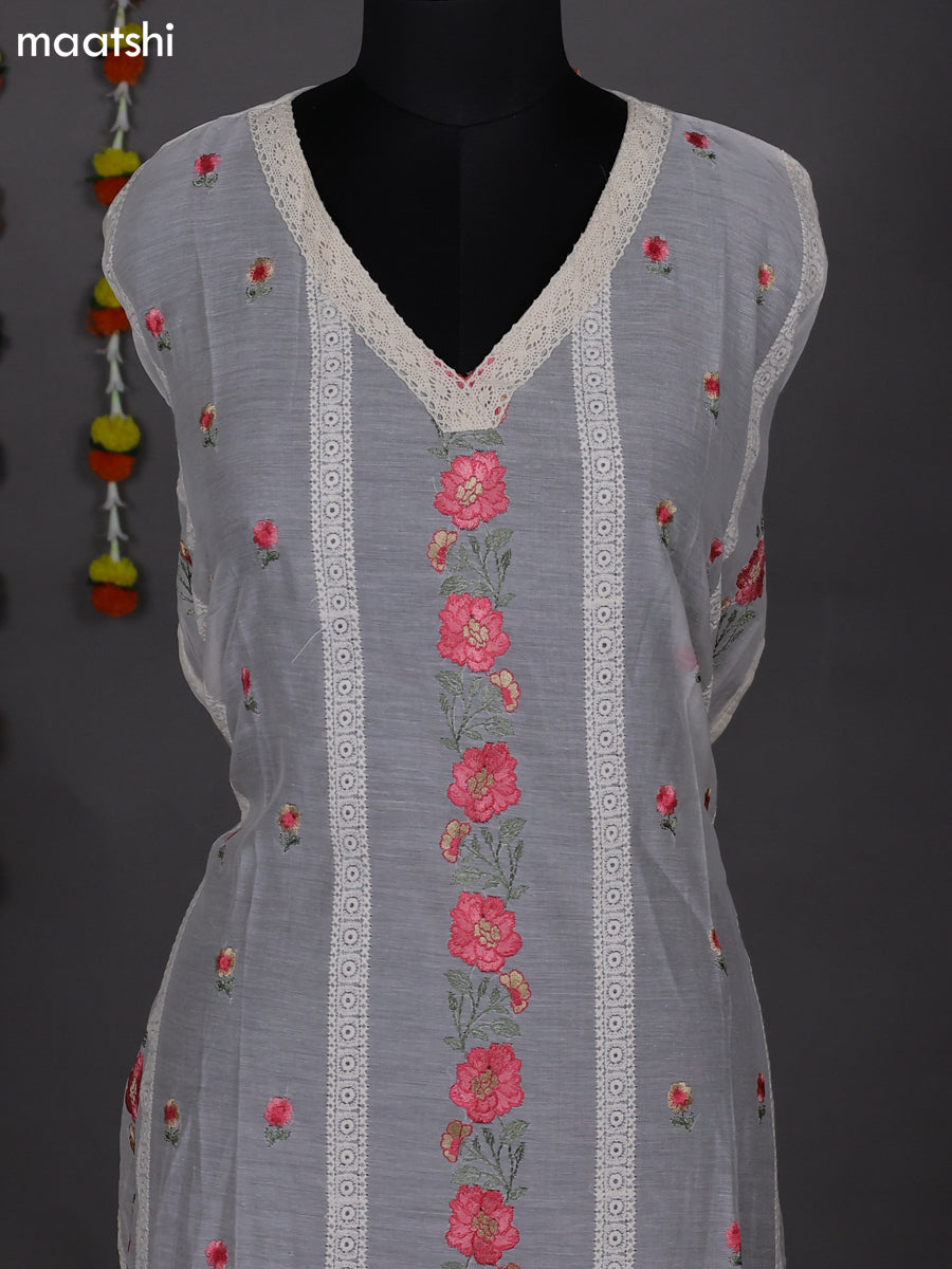 Off White Semi Stitch Mul Chanderi Dress Material With Embroidery Work Pattern