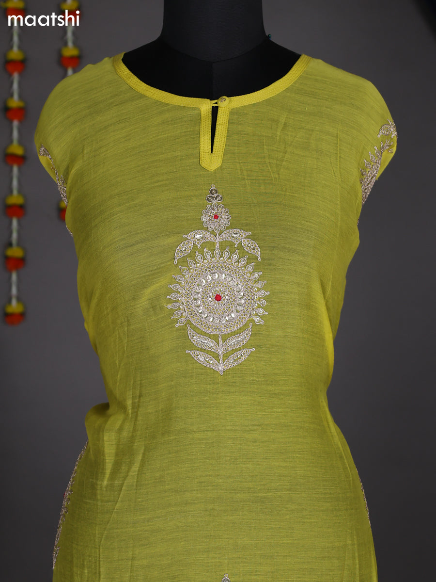 Lime Yellow Semi Stitch Mul Chanderi Dress Material With Embroidery Work Pattern