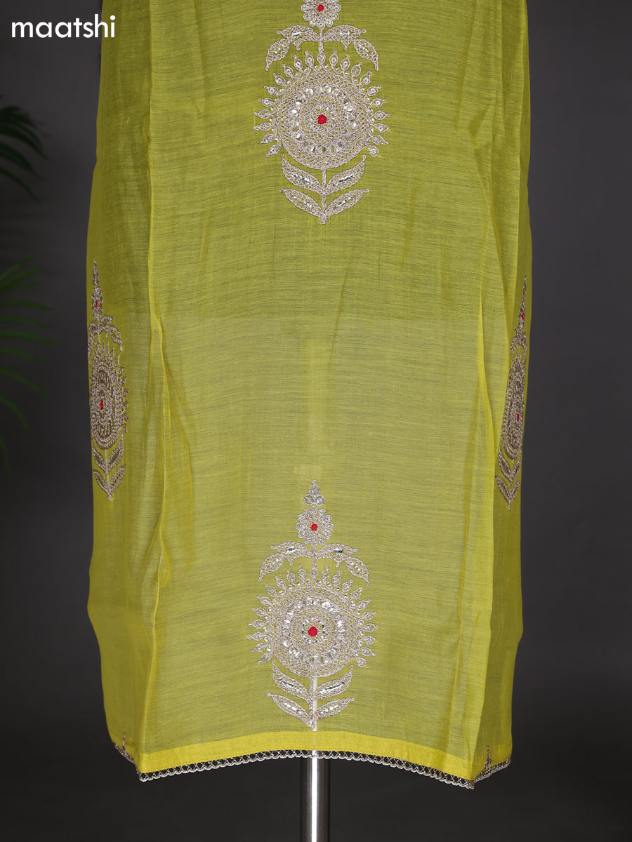 Lime Yellow Semi Stitch Mul Chanderi Dress Material With Embroidery Work Pattern