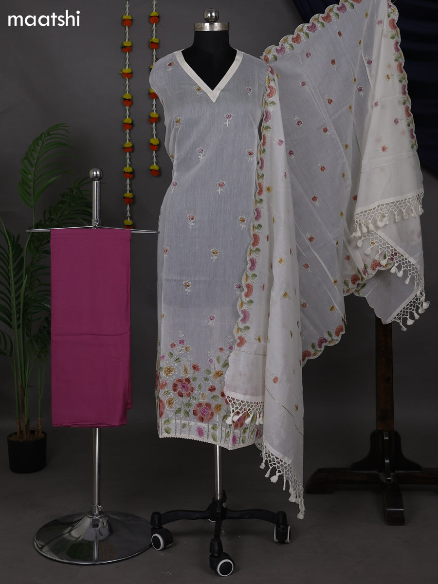 Off White and Magenta Pink Semi Stitch Mul Chanderi Dress Material With Embroidery Work Pattern