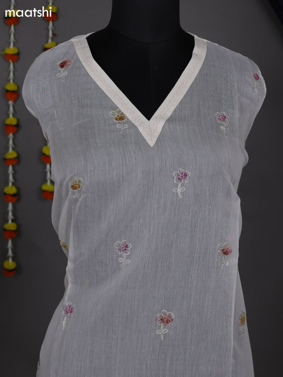 Off White and Magenta Pink Semi Stitch Mul Chanderi Dress Material With Embroidery Work Pattern