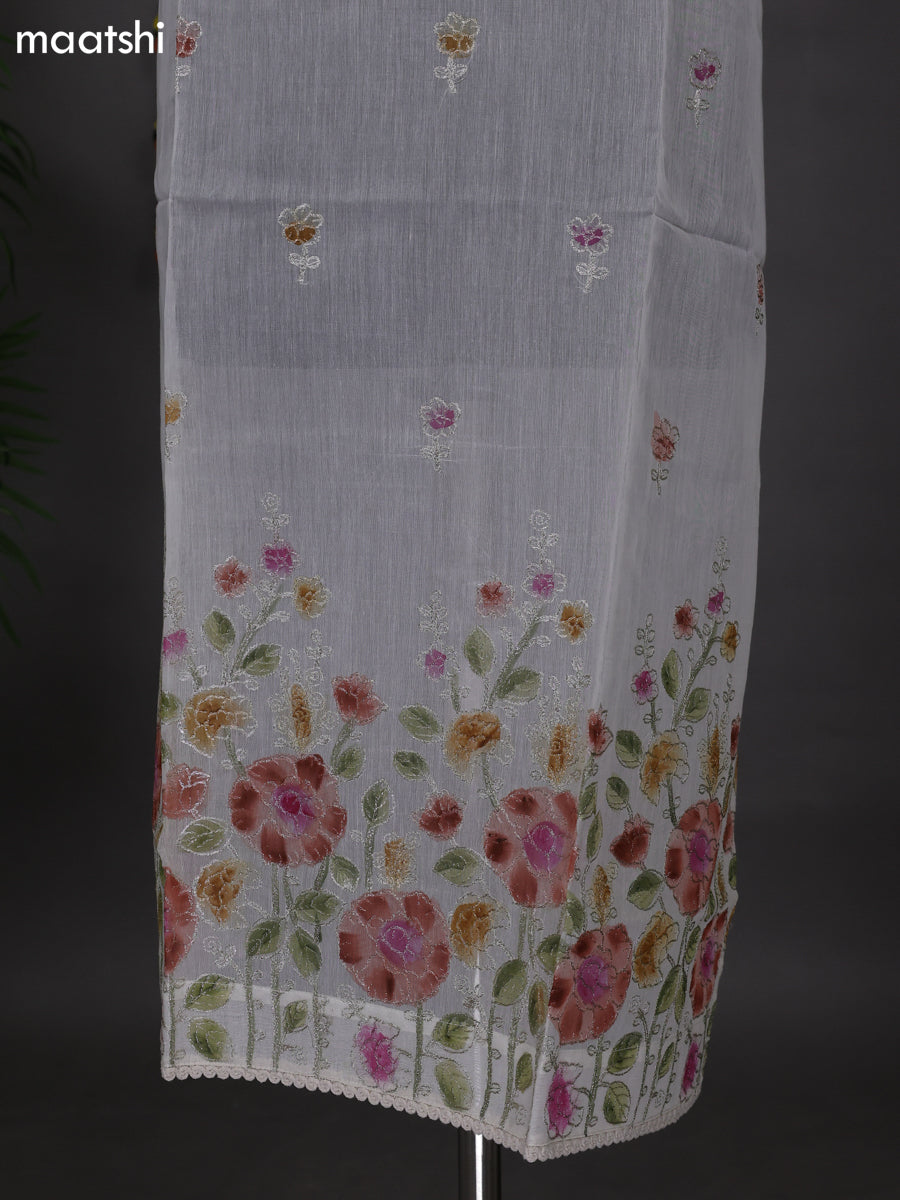 Off White and Magenta Pink Semi Stitch Mul Chanderi Dress Material With Embroidery Work Pattern