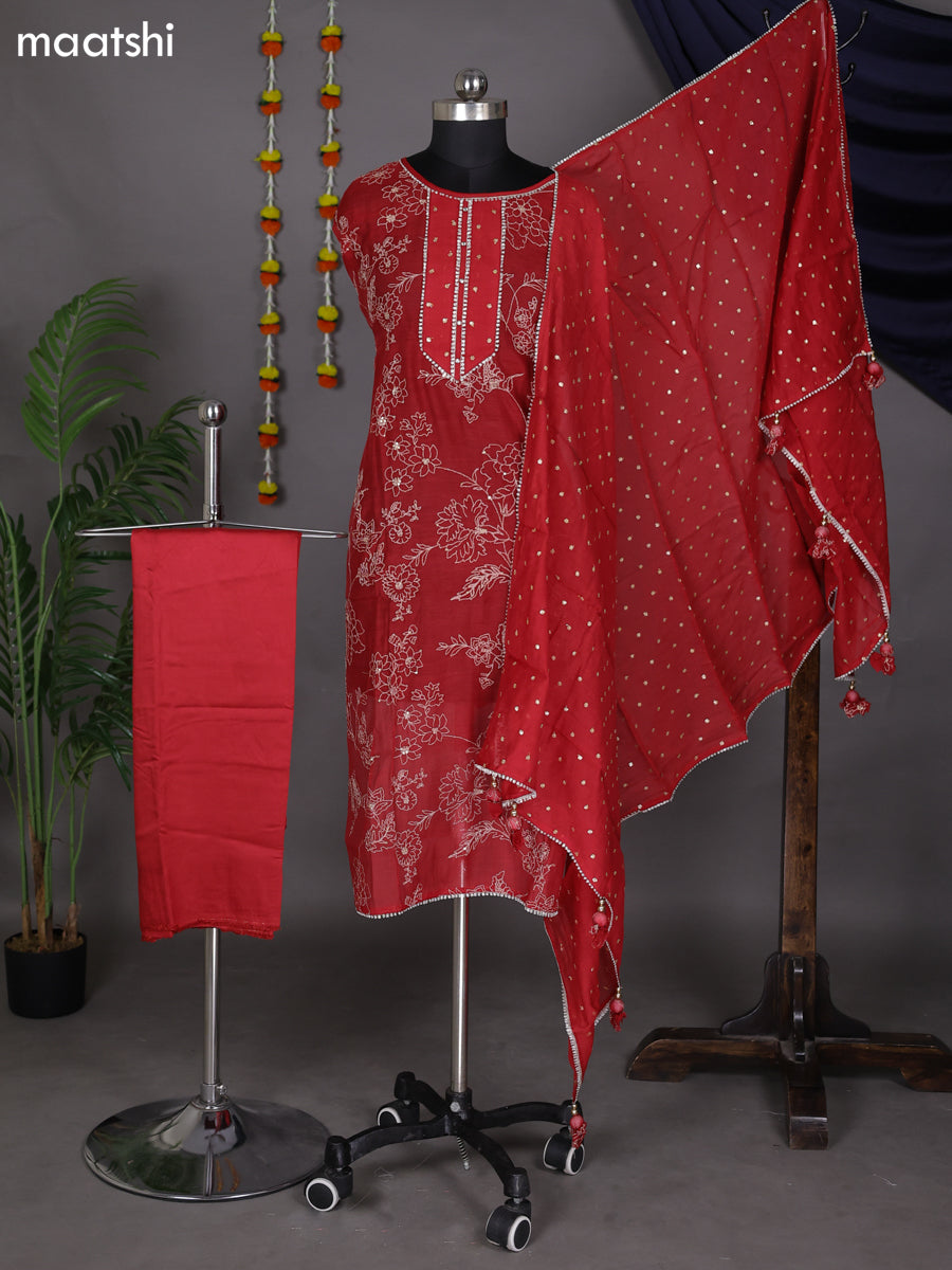 Red Semi Stitch Mul Chanderi Dress Material With Embroidery Work Pattern