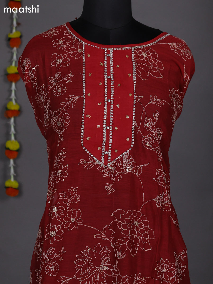 Red Semi Stitch Mul Chanderi Dress Material With Embroidery Work Pattern