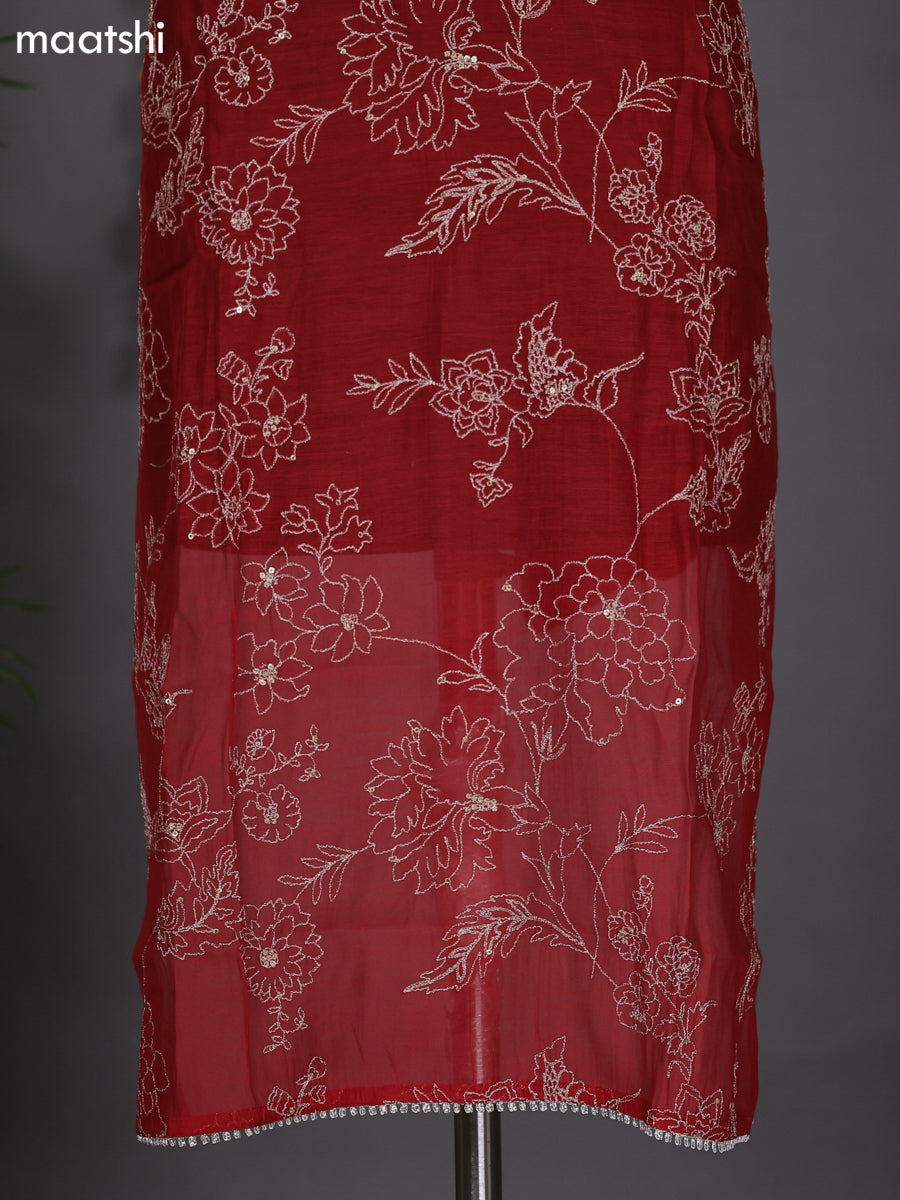 Red Semi Stitch Mul Chanderi Dress Material With Embroidery Work Pattern