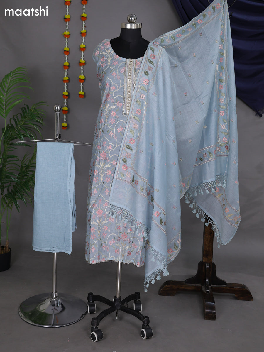 Pastel Blue Semi Stitch Mul Chanderi Dress Material With Embroidery Work Pattern