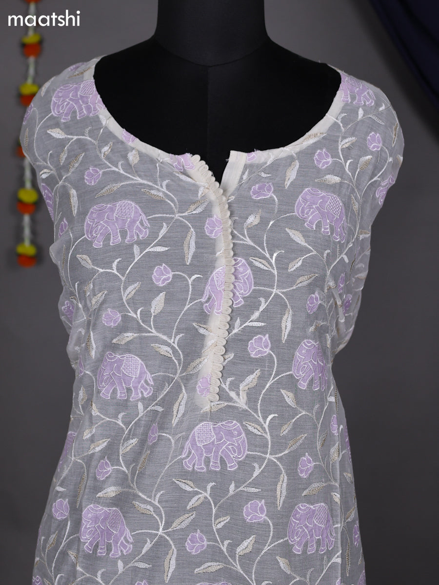 Off White and Lavender Semi Stitch Mul Chanderi Dress Material With Embroidery Work Pattern