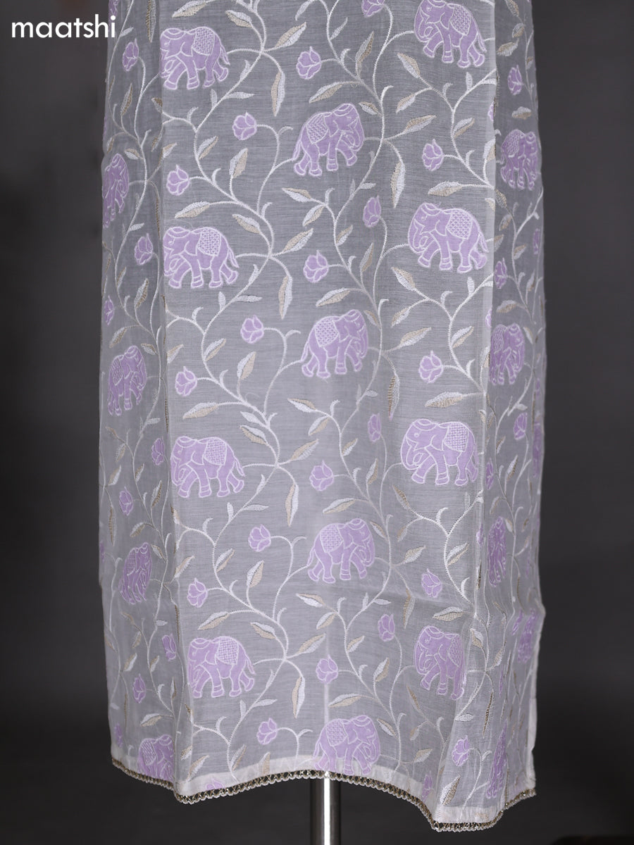 Off White and Lavender Semi Stitch Mul Chanderi Dress Material With Embroidery Work Pattern